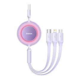 Baseus Bright Mirror 3 3 az 1-ben USB-C - micro-USB + Lightning + USB-C 66W 2A 1,1 m feltekerhető lapos kábel - lila