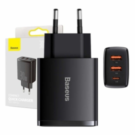 Baseus Compact gyorstöltő, 2xUSB, USB-C, PD, 3A, 30W - fekete