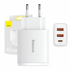 Baseus Compact gyorstöltő, 2xUSB, USB-C, PD, 3A, 30W - fehér