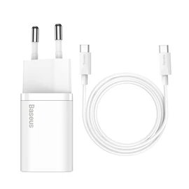 Baseus Super Si 1C 25W hálózati gyorstöltő + 1m USB-C kábel - fehér