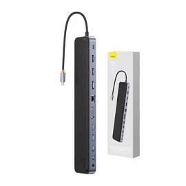 Baseus EliteJoy Gen2 12 az 1-ben USB-C - 2xUSB-C + 2xHDMI + 3xUSB 3.0 + PD + DP + SD/microSD + RJ45 + 3,5mm audio dokkoló - sötétszürke