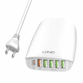 LDNIO A6573C 5xUSB + USB-C 65W PD QC 3.0 FCP SCP hálózati gyorstöltő - fehér