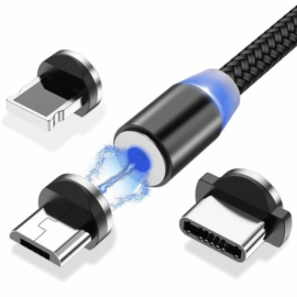 Wozinsky Magnetic USB - Micro-USB / USB Type-C / Lightning 1m kábel mágneses csatlakozókkal és LED fénnyel - fekete