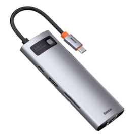 Baseus Metal Gleam 8-az-1-ben HUB USB Type-C - USB Type-C PD 100 W / HDMI 4K 30Hz / SD + micro-SD olvasó / 3xUSB 3.2 Gen1 / RJ45 1Gbps - sötétszürke