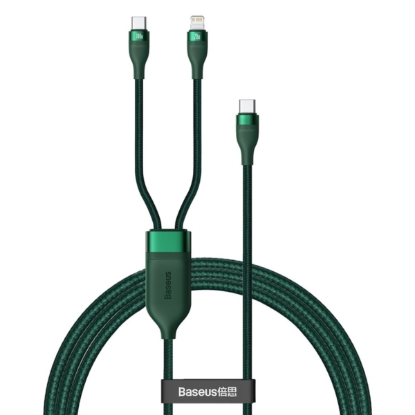 Baseus Flash 2-az-1-ben USB-C - USB-C + Lightning PD QC 100W 1,2m kábel - zöld
