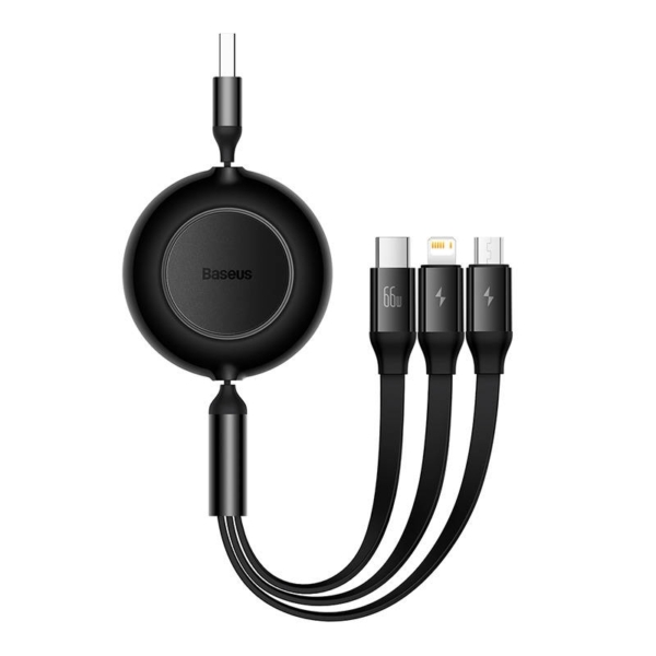 Baseus Bright Mirror 3 3 az 1-ben USB-C - micro-USB + Lightning + USB-C 66W 2A 1,1 m feltekerhető lapos kábel - fekete