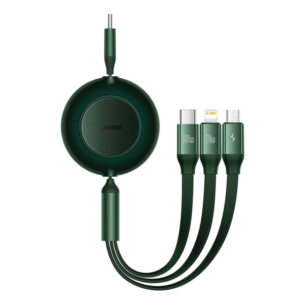 Baseus Bright Mirror 4 3 az 1-ben USB-C - micro-USB + Lightning + USB-C 100W 3,5A 1,1 m feltekerhető lapos kábel - zöld