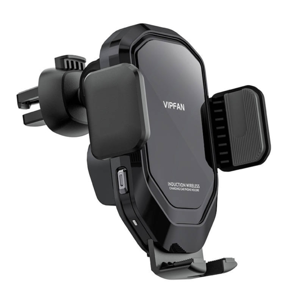 Vipfan W02 gravitációs autós telefon tartó 15W Qi vezeték nélküli töltővel szellőzőnyílásba - fekete
