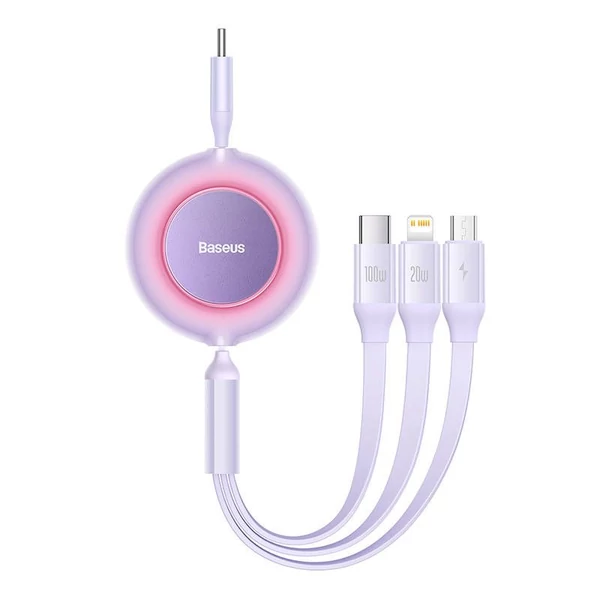 Baseus Bright Mirror 4 3 az 1-ben USB-C - micro-USB + Lightning + USB-C 100W 3,5A 1,1 m feltekerhető lapos kábel - lila