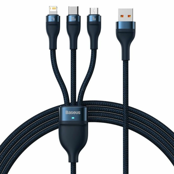 Baseus Flash 3 az 1-ben USB - USB-C + micro-USB + Lightning 100W 1,2m kábel - kék-fekete