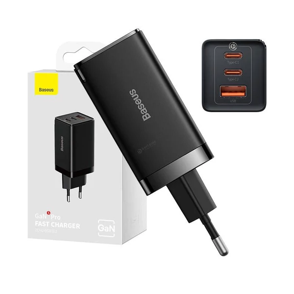 Baseus GaN5 Pro 65W 2xUSB-C + USB hálózati gyorstöltő - fekete