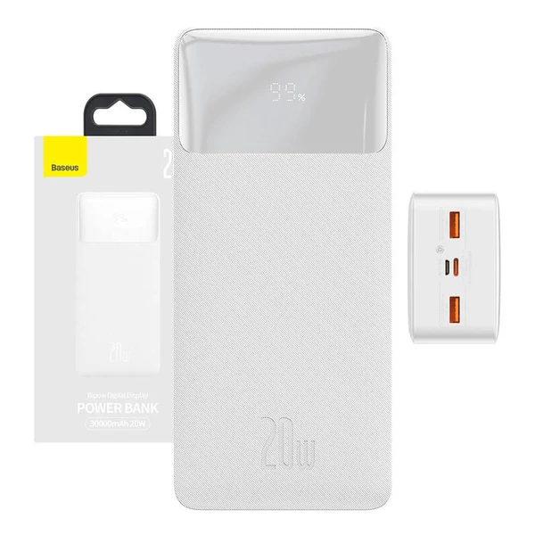 Baseus Bipow 30000mAh 2xUSB + USB-C 20W Power Bank - fehér