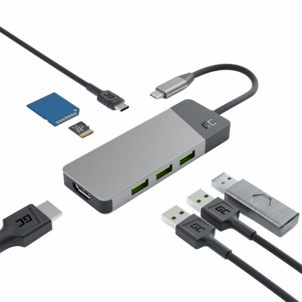 Green Cell GC Connect 7 az 1-ben USB-C - 3xUSB 3.1 + HDMI 4K 60Hz + USB-C PD 85W + kártyaolvasó adapter