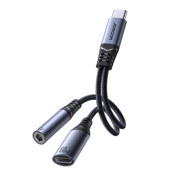 Joyroom SY-C02 USB-C - USB-C + 3,5mm jack DAC audio és töltés elosztó adapter - fekete