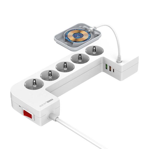 LDNIO SEW5359 hálózati elosztó 5 aljzat, 3xUSB + vezeték nélküli töltő - fehér