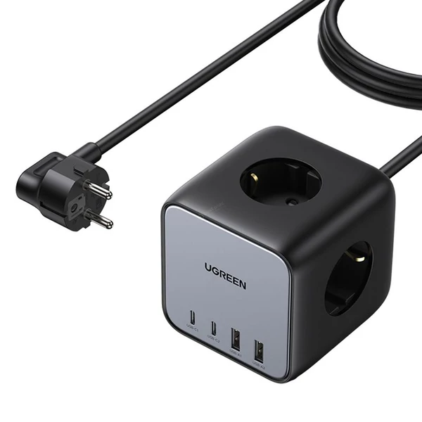 Ugreen CD268 GaN2 65W 2xUSB + 2xUSB-C hálózati gyors töltő + 3x hálózati aljzat - fekete-szürke