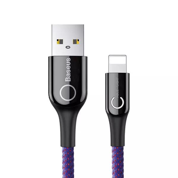 Baseus C-shaped USB - Lightning 2,4A 1m kábel töltést jelző fénnyel és automatikus töltés leállítással - lila
