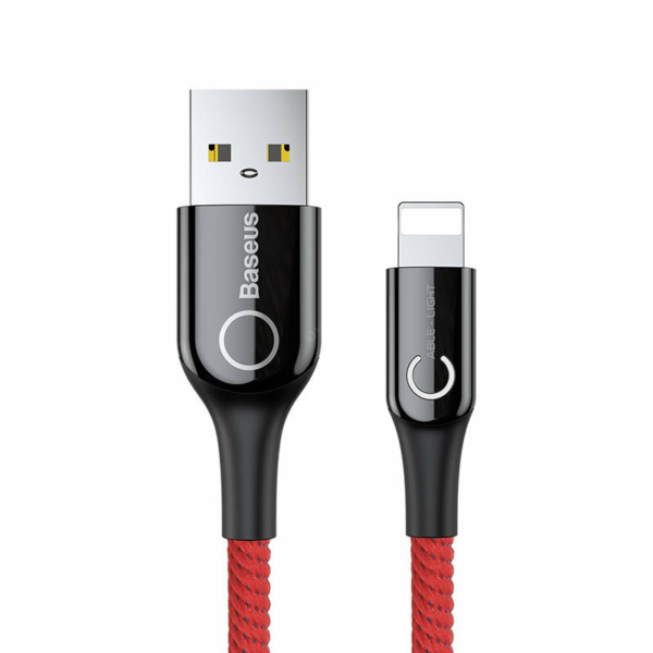 Baseus C-shaped USB - Lightning 2,4A 1m kábel töltést jelző fénnyel és automatikus töltés leállítással - piros