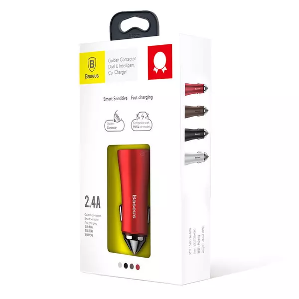 Baseus Golden Contactor Dual USB Intelligent autós szivargyújtó töltő piros