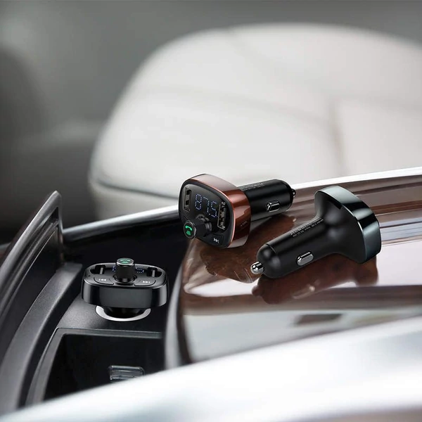 Baseus Bluetooth FM Transmitter T-Type Micro-SD 3,4A autós szivargyújtó töltő kávébarna