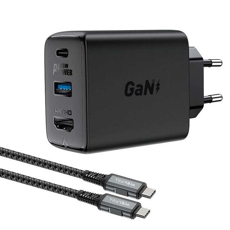 Acefast A17 2 az 1-ben GaN 65W USB + USB-C töltő + HDMI adapter 4K 60Hz + USB-C kábel - fekete