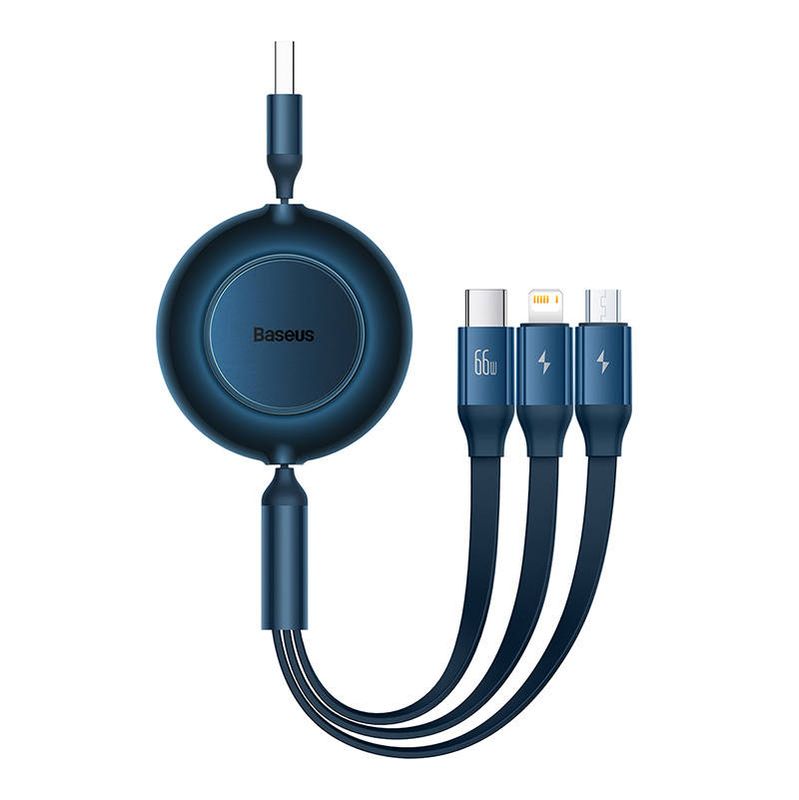 Baseus Bright Mirror 3 3 az 1-ben USB-C - micro-USB + Lightning + USB-C 66W 2A 1,1 m feltekerhető lapos kábel - sötétkék