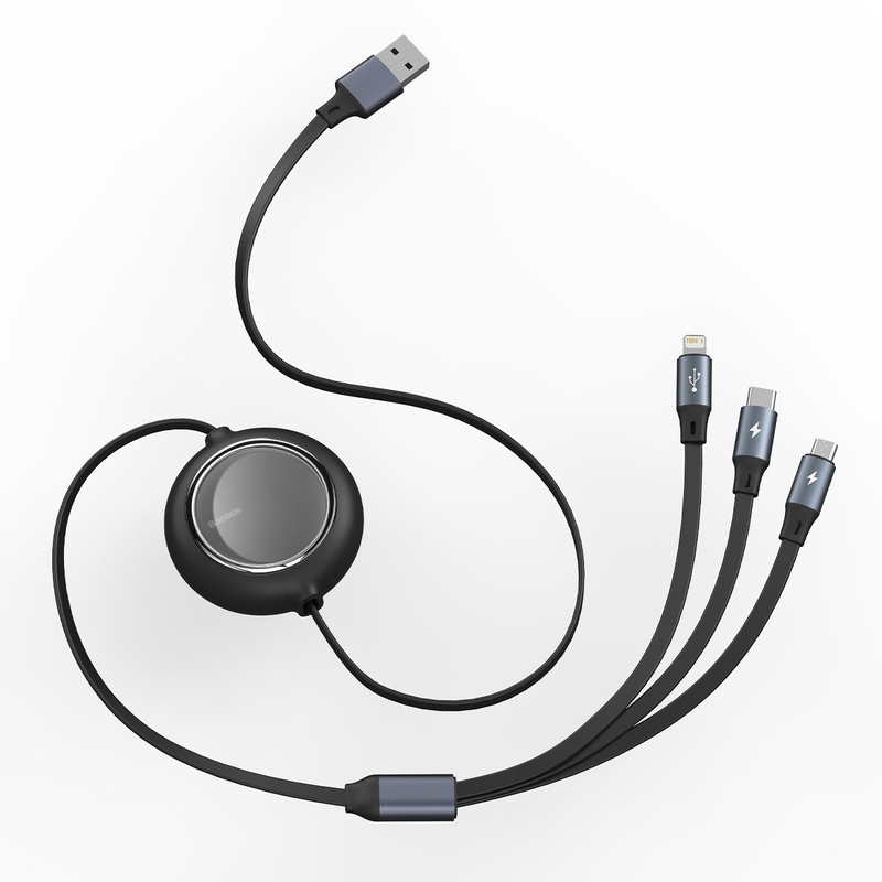 Baseus Bright Mirror 3 az 1-ben USB -  micro-USB / Lightning / USB-C 3,5A, 1,2m feltekerhető lapos kábel - fekete
