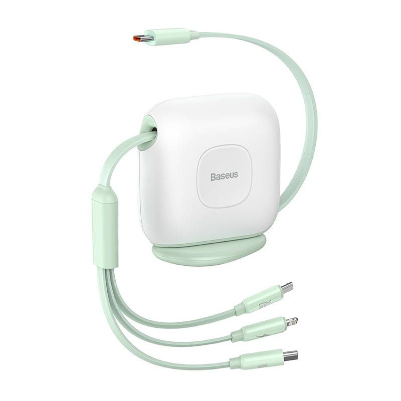 Baseus Traction USB-C - micro-USB + Lightning + USB-C 100W 1,7m feltekerhető lapos kábel - zöld-fehér
