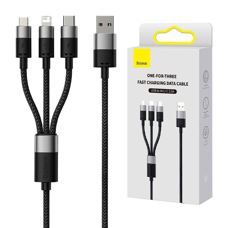 Baseus StarSpeed USB - USB-C + MicroUSB + Lightning 3,5A 1,2m szövet kábel - fekete