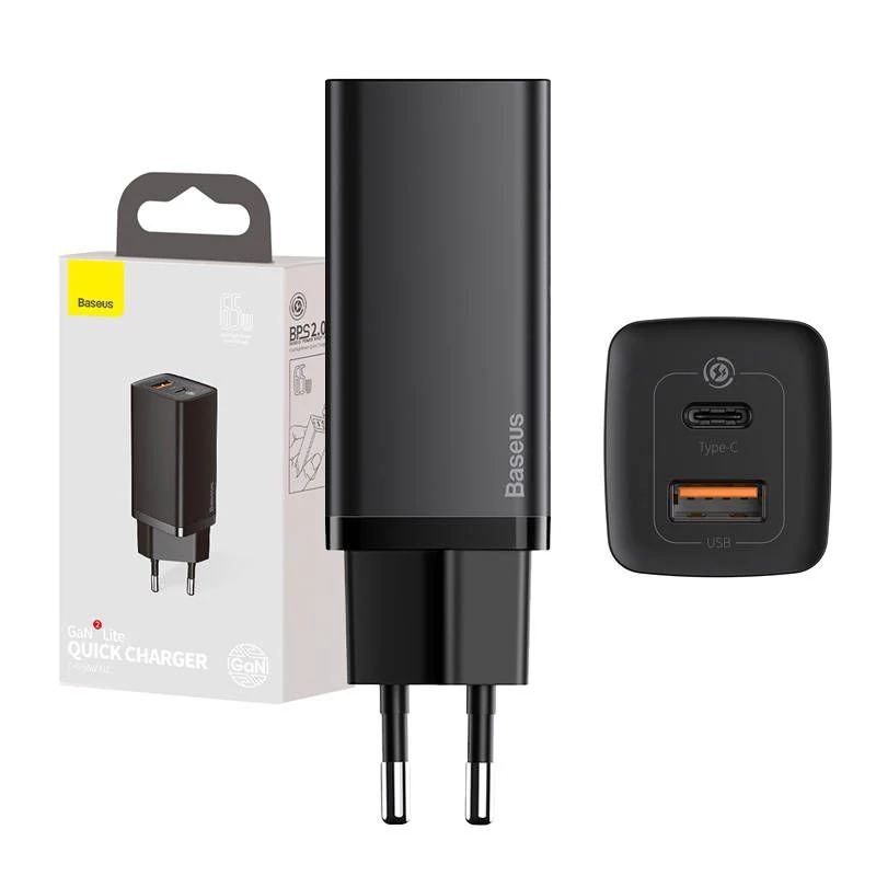 Baseus GaN2 Lite 65W USB + USB-C hálózati gyorstöltő - fekete