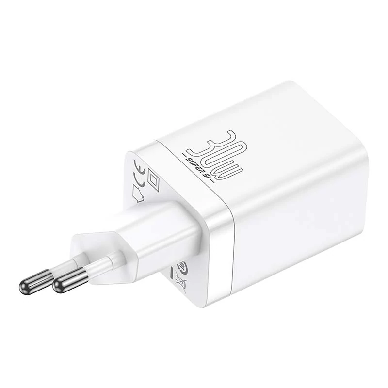 Baseus Super Si Pro USB + USB-C 30W hálózati gyorstöltő - fehér