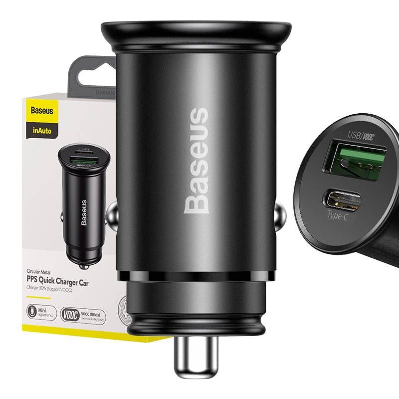 Baseus Circular Metal QC 4.0 + PD 3.0 VOOC SCP AFC MTK PE 30W autós szivargyújtó töltő - fekete