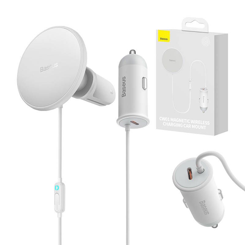 Baseus CW01 MagSafe 15W mágneses autós telefon tartó és vezeték nélküli töltő szellőzőnyílásba + autós töltő USB-C 25W - fehér