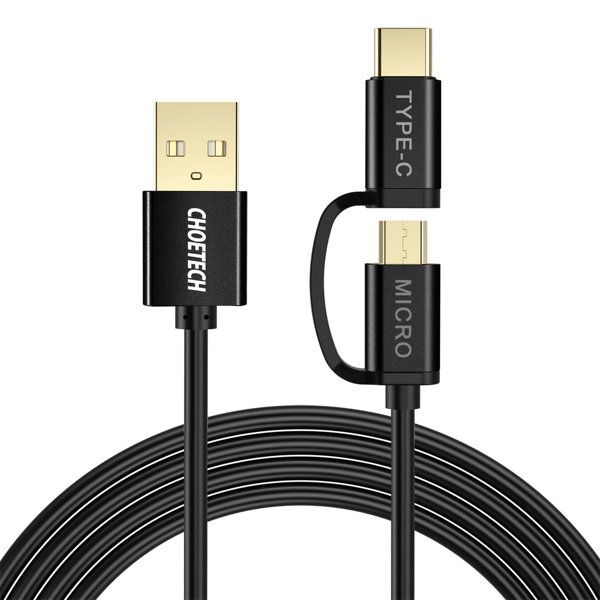 Choetech 2 az 1-ben kábel,  USB - USB Type C / micro USB, 1.2m,  3A - fekete