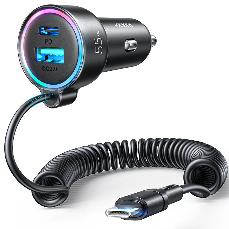 Joyroom CL07 55W USB + USB-C autós szivargyújtó töltő + 1,5m USB-C kábel - fekete