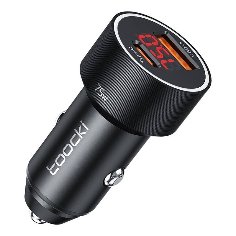 Toocki USB + USB-C 75W autós szivargyújtó töltő kijelzővel - fekete
