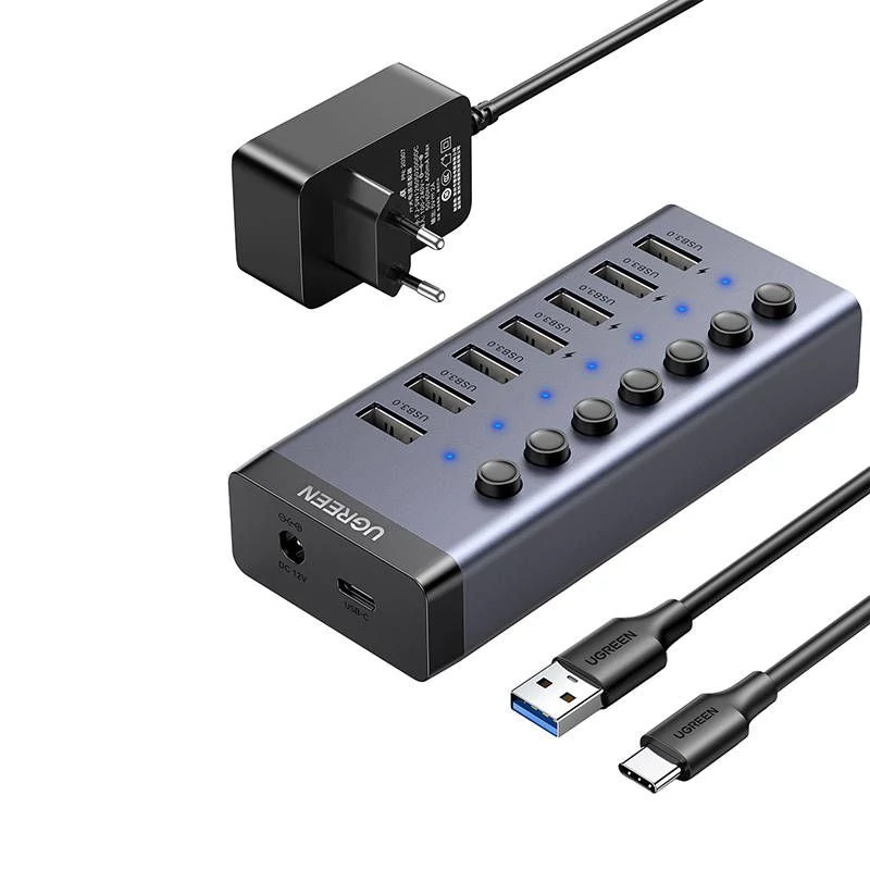 Ugreen CM481 7 az 1-ben USB 3.0 12V 2A aktív HUB - fekete