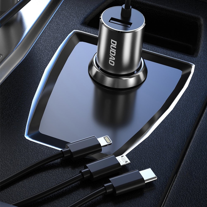 Dudao R5ProN autós szivargyújtó töltő 3,4A beépített 3az1-ben USB Type-C + micro-USB + Lightning kábellel - fekete