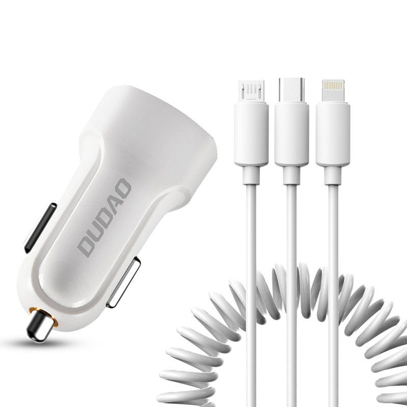 Dudao R7 autós szivargyújtó töltő 2xUSB 2,4A + 3az1-ben micro-USB + USB-C + Lightning 1,2m spirál kábel - fehér