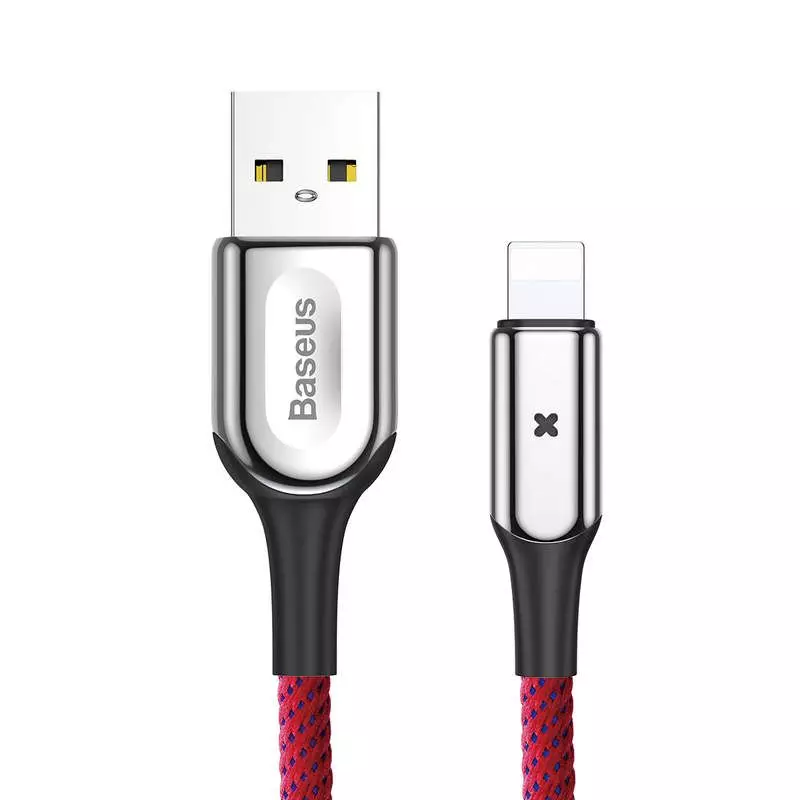 Baseus X-type USB - Lightning 2,4A 0,5m szövet kábel jelzőfénnyel - piros