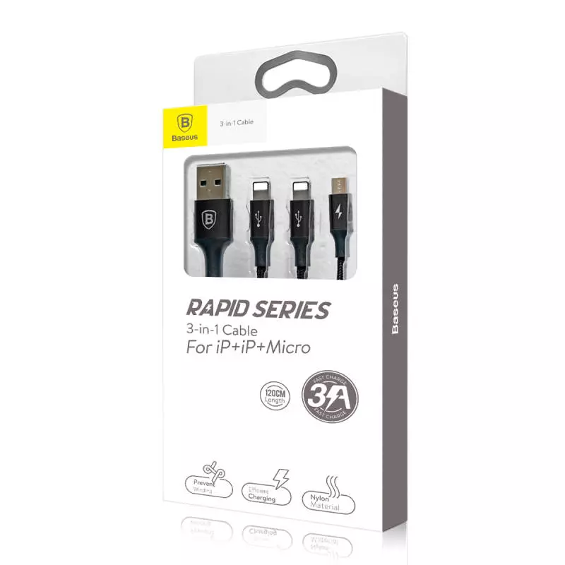 Baseus Cable Rapid series 3-in-1 Micro + Dual Lightning 3A 1,2m kábel fekete