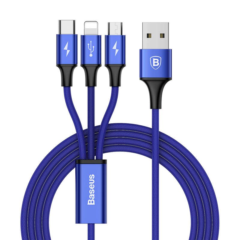 Baseus Rapid 3 az 1-ben USB - micro-USB + Lightning + USB-C 3A 1,2m kábel - kék