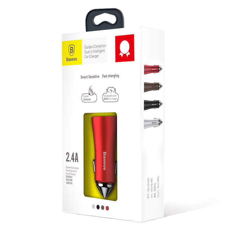 Baseus Golden Contactor Dual USB Intelligent 2,4A autós szivargyújtó töltő piros